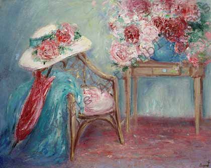 Lillian DeClarence August Handsigned and Numbered Limited Edition Gallery Giclee Paper: "Cabbage Roses and Wicker Chair"