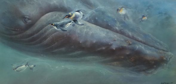 Linda Thompson Signed by the Artist Limited Edition Paper Lithograph:"Follow the Leader - Humpback Whale & Penguins"