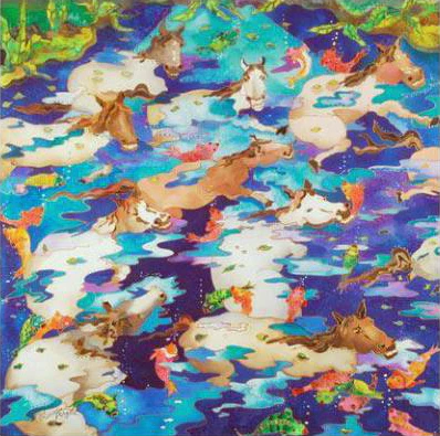 Linnea Pergola Limited Edition Giclée on Stretched Canvas: "Swimming Ponies I"