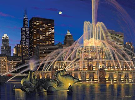 Liudmila Kondakova Artist Signed Hand-Crafted Lithograph on Paper:"Buckingham Fountain - Chicago"
