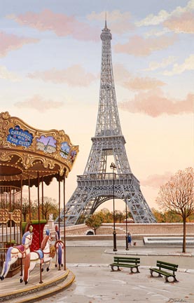 Liudmila Kondakova Handsigned and Numbered Limited Edition Hand-Crafted Stone Lithograph: "Carousel a la Tour Eiffel"