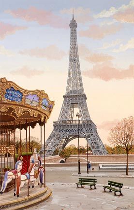 Liudmila Kondakova Handsigned and Numbered Limited Edition Hand-Crafted Stone Lithograph: "Carousel a la Tour Eiffel"