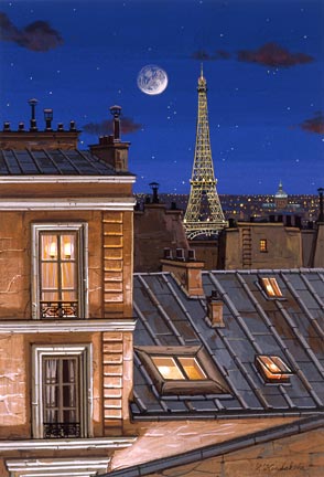 Liudmila Kondakova Handsigned and Numbered Limited Edition Hand-Crafted Stone Lithograph: "Eiffel Tower at Midnight"