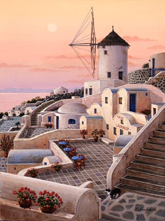 Liudmila Kondakova Handsigned and Numbered Limited Edition Hand-Crafted Stone Lithograph: "Mykonos Windmill"