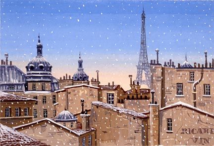 Liudmila Kondakova Handsigned and Numbered Limited Edition Hand-Crafted Stone Lithograph: "Snow Fall in Paris"