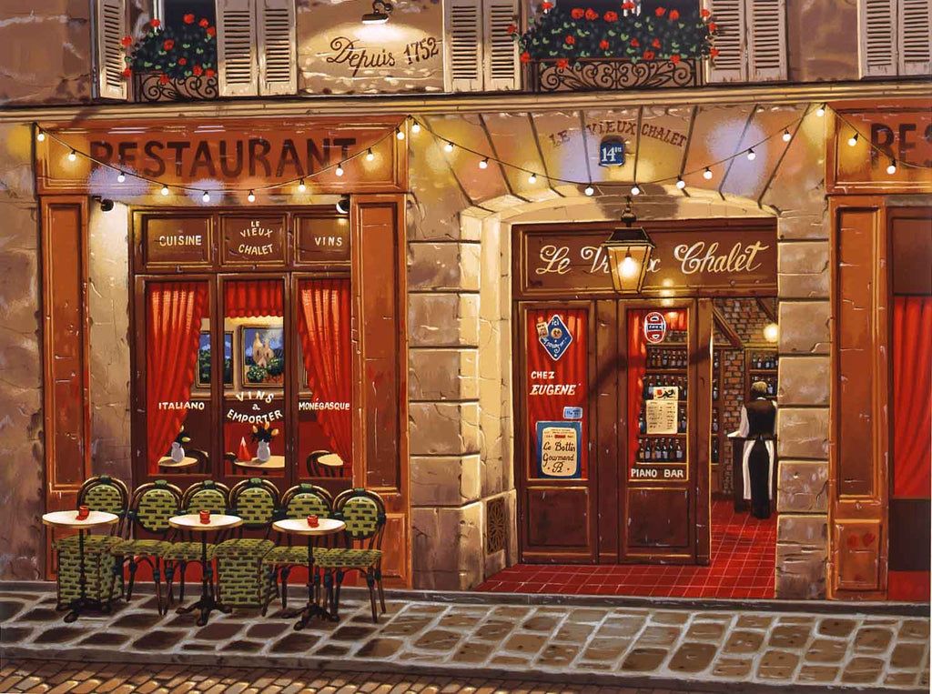 Liudmila Kondakova Limited Edition Serigraph on Paper: "Chez Eugene (Le Vieux Chalet) - Sidewwalks of Paris"
