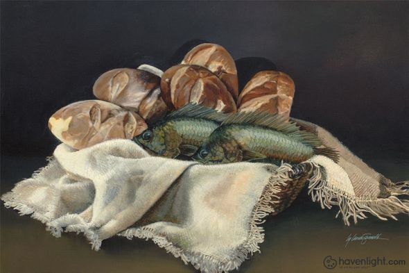 Liz Lemon Swindle Fine Art Canvas Giclee: "Five Loaves Two Fishes"
