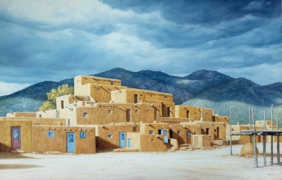Lorna Patrick Limited Edition Serigraph on Paper: " Approaching the Storm over Taos Pueblo "