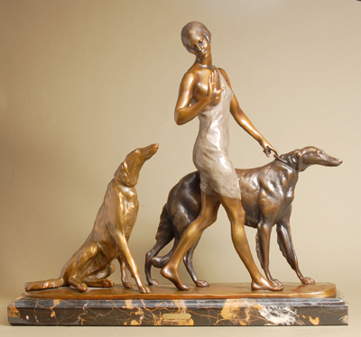 Louis Riche Handcrafted Solid Bronze Sculpture:"Deux Chiens Bergers"