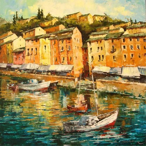 Lucy Liasheva Hand Signed and Numbered Limited Edition Artist Embellished Canvas Giclee: "Italy. Portofino."