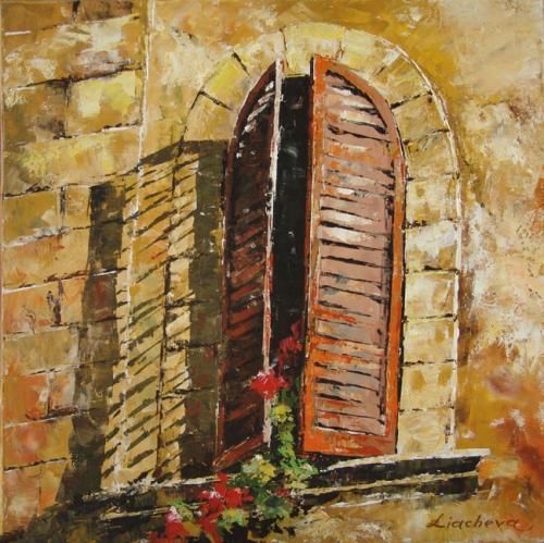 Lucy Liasheva Hand Signed and Numbered Limited Edition Artist Embellished Canvas Giclee: "Orange Window"