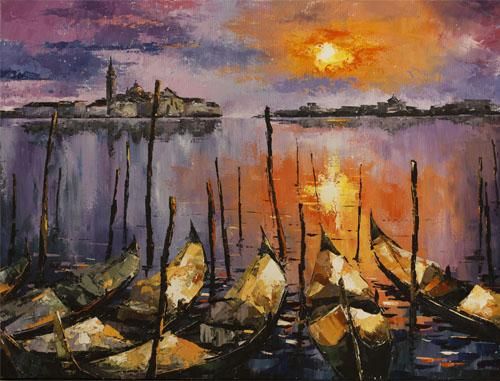 Lucy Liasheva Hand Signed and Numbered Limited Edition Artist Embellished Canvas Giclee: "Venice. Sunset"