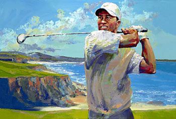 (all) Malcolm Farley Hand Ehnanced Limited Edition Giclee on Canvas Handsigned By Tiger Woods :" Victory at Pebble Beach"