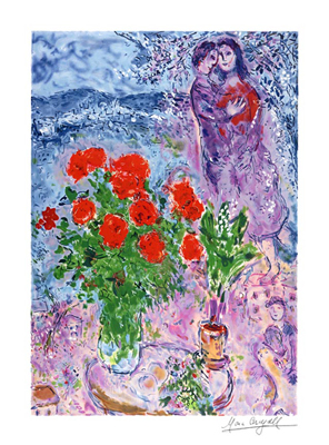 Marc Chagall Limited Edition Interpretation, Not Direct Reproduction. Giclee with Facsimile Signature:"Red Bouquet with Lovers"