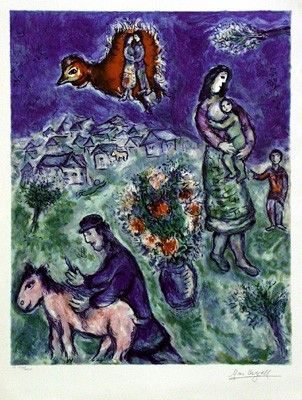 Marc Chagall Limited Edition Interpretation, Not Direct Reproduction. Giclee with Facsimile Signature:"Sur la Route du Village"