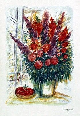 Marc Chagall Limited Edition Interpretation, Not Direct Reproduction. Lithograph Ed. 2000 with Facsimile Signature:"Bouquet with Bowl of Cherries"