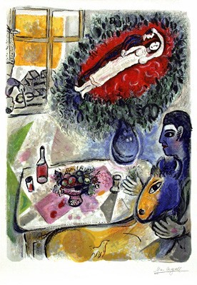 Marc Chagall Limited Edition Interpretation, Not Direct Reproduction. Lithograph Ed. 2000 with Facsimile Signature:"Reverie"