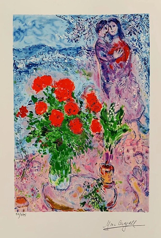Marc Chagall Limited Edition Giclee:"Red Bouquet With Lovers" Marc Chagall Limited Edition Giclee:"Red Bouquet With Lovers"