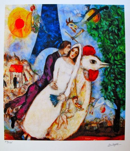 Marc Chagall Limited Edition Small Giclee:"Bride & Groom Of The Eiffel Tower"
