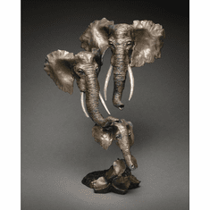 Limited edition bronze sculpture titled "Hekima" by Mark Hopkins, featuring three stylized elephant heads with intricate details and textures.