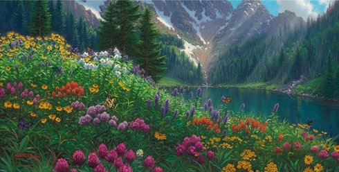 Mark Keathley Artist Hand Signed Limited Edition Embellished Canvas Giclee:"Alpine Meadows"