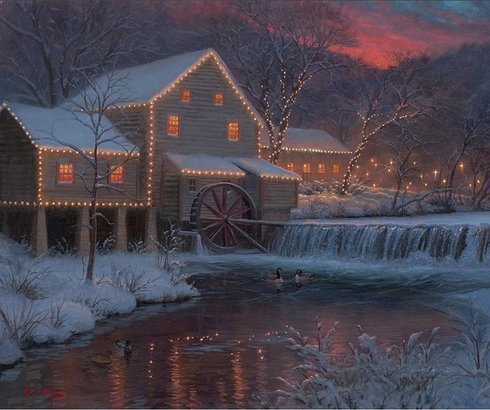 Mark Keathley Artist Hand Signed Limited Edition Embellished Canvas Giclee:"Winter at the Old Mill"