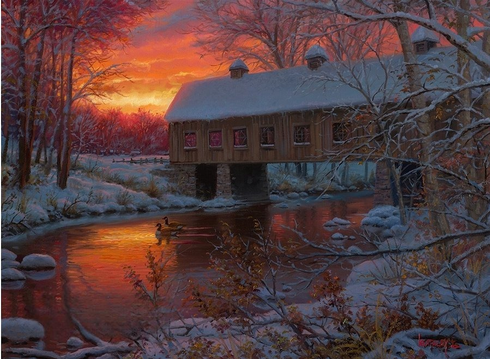 Mark Keathley Artist Hand Signed Limited Edition Embellished Canvas Giclee:"Emert's Cove Crossing Winter"