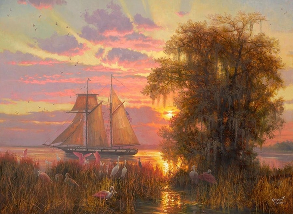 Abraham Hunter Artist Hand Signed Limited Edition Embellished Canvas Giclee:"Cooper River Sunset"