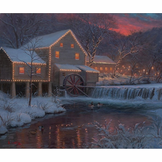 Mark Keathley Artist Hand Signed Limited Edition Embellished Canvas Giclee:"Winter at the Old Mill"
