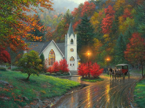 Mark Keathley Hand Signed and Numbered Limited Edition Embellished Canvas Giclee:"Autumn Chapel"