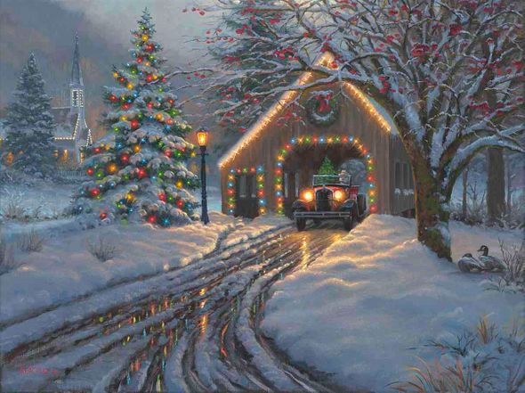 Mark Keathley Hand Signed and Numbered Limited Edition Embellished Canvas Giclee:"Christmas Crossing"