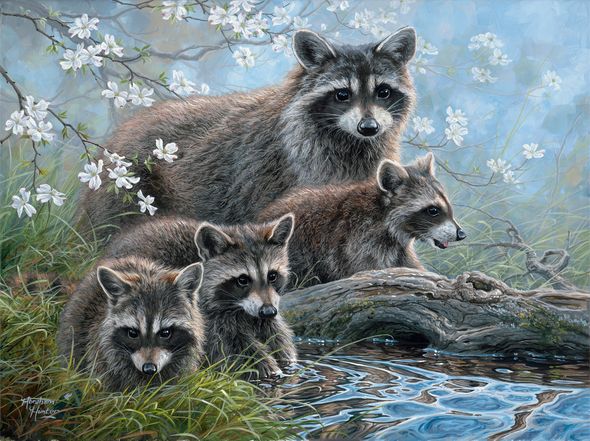 Abraham Hunter Artist Hand Signed Limited Edition Embellished Canvas Giclee:"Lakeside Bandits"