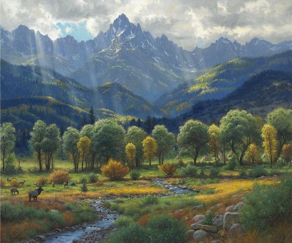 Mark Keathley Hand Signed and Numbered Limited Edition Embellished Canvas Giclee:"Highland Harmony"
