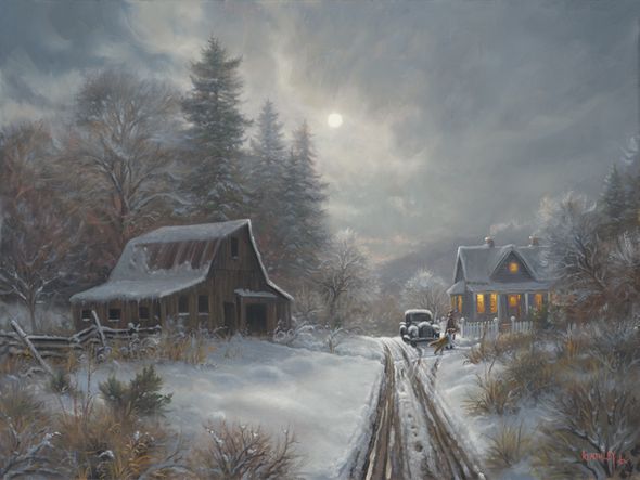 Mark Keathley Hand Signed and Numbered Limited Edition Embellished Canvas Giclee:"Winter Homeplace"