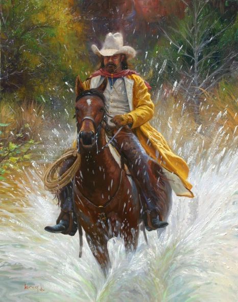 Mark Keathley Handsigned and Numbered Limited Edition Embellished Canvas Giclee:"Slippery When Wet "