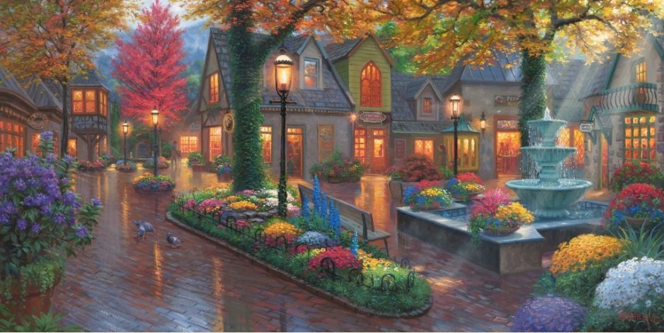 Mark Keathley Hand Signed and Numbered Limited Edition Hand Embellished Canvas Giclee:"Village Evening"