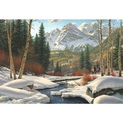 Mark Keathley Handsigned and Numbered Limited Edition Hand Embelished Canvas Giclee:"Winter Retreat"