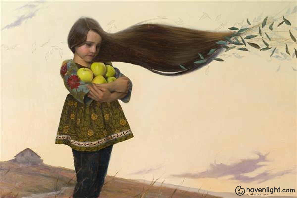 Mark Pugh Fine Art Canvas Giclee: "Gathering Apples the Way She Remembers It"