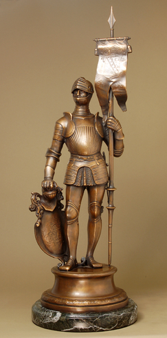Maurice Favre Handcrafted Solid Bronze Sculpture:"Knight in Armor, with Banner Left" Maurice Favre Handcrafted Solid Bronze Sculpture:"Knight in Armor, with Banner Left"