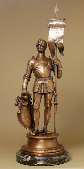 Maurice Favre Handcrafted Solid Bronze Sculpture:"Knight in Armor, with Banner Left"
