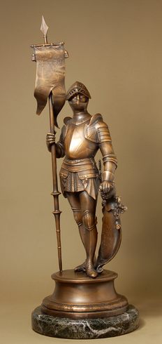 Maurice Favre Handcrafted Solid Bronze Sculpture:"Knight in Armor, with Banner Right"