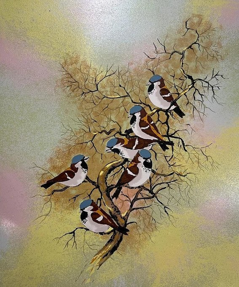 Max Karp Hand Signed Print on Paper: "Birds on a Branch"