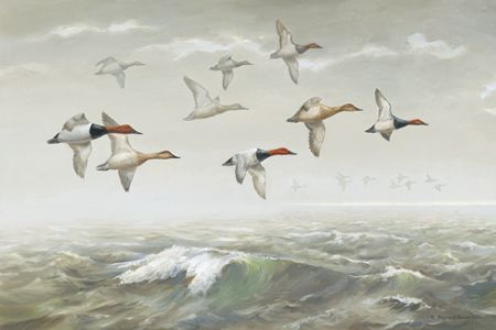Maynard Reece Handsigned & Numbered Limited Giclee on Canvas:"Morning Fog-Canvasbacks "
