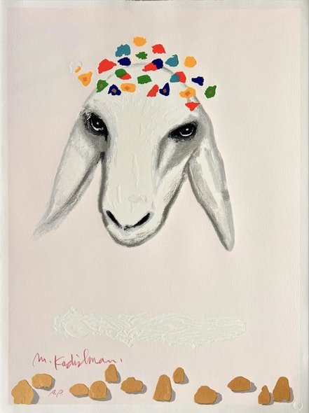 Menashe Kadishman Signed Limited Edition Print: ""White Sheep Head with Crown""