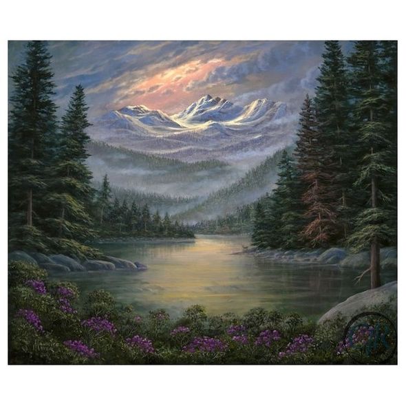 Meyer Giclee on Canvas; Hand Signed by the Artist: "Spring Flowers at Mountain Lake"