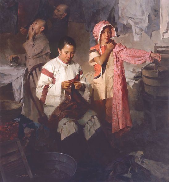 Mian Situ Hand Signed and Numbered Limited Edition Gicl&eacute;e Canvas: "The Calico Dress, Family Laundry, 1906 "