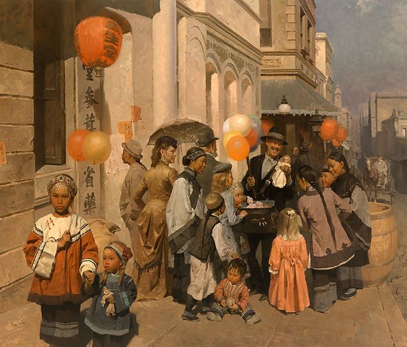 Mian Situ Hand signed and Numbered Limited Edition Gicl&eacute;e Canvas:"Toy Peddler of Dupont Street, Chinatown,S.F. 1905"