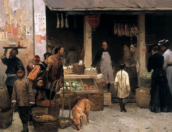 Mian Situ Handsigned and Numbered Limited Edition Giclee on Canvas:"Chinatown Market, San Francisco, 1878"