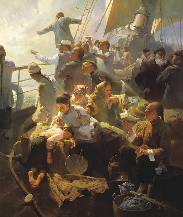 Mian Situ Handsigned and Numbered Limited Edition Masterwork Canvas Giclee:"The Golden Mountain - Arriving San Francisco, 1865"