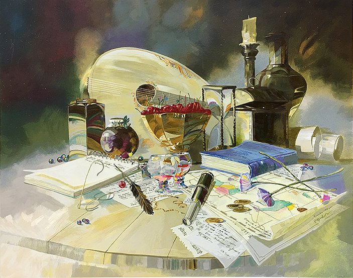 Michael Gorban Handsigned & Numbered Limited Edition Serigraph on Paper:"Mandolin and Cherries ll"